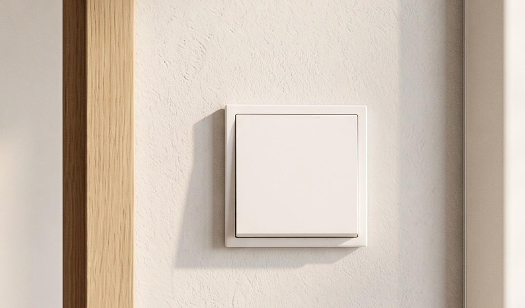 Interrupteur mécanique ONE blanc sur un mur clair près d’un encadrement en bois